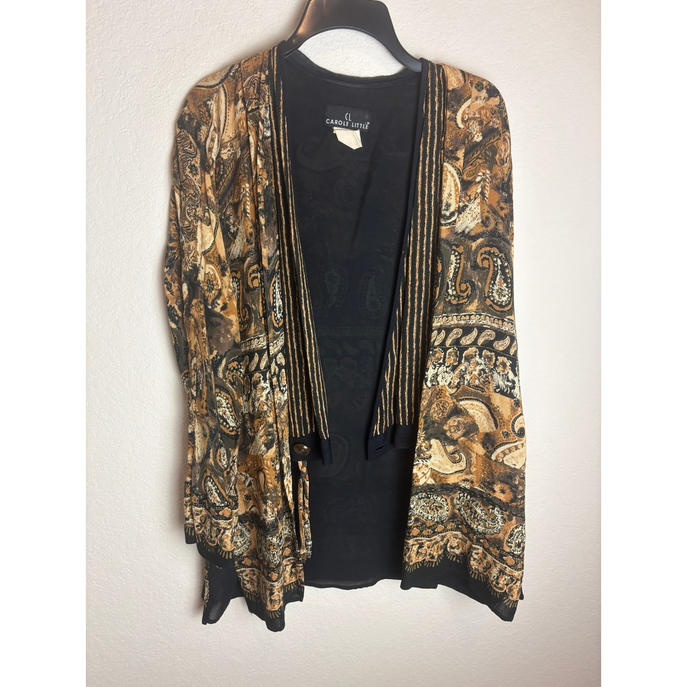 Carole Little Vintage Paisley Print Brown Black Cover Up Cardigan Top Large